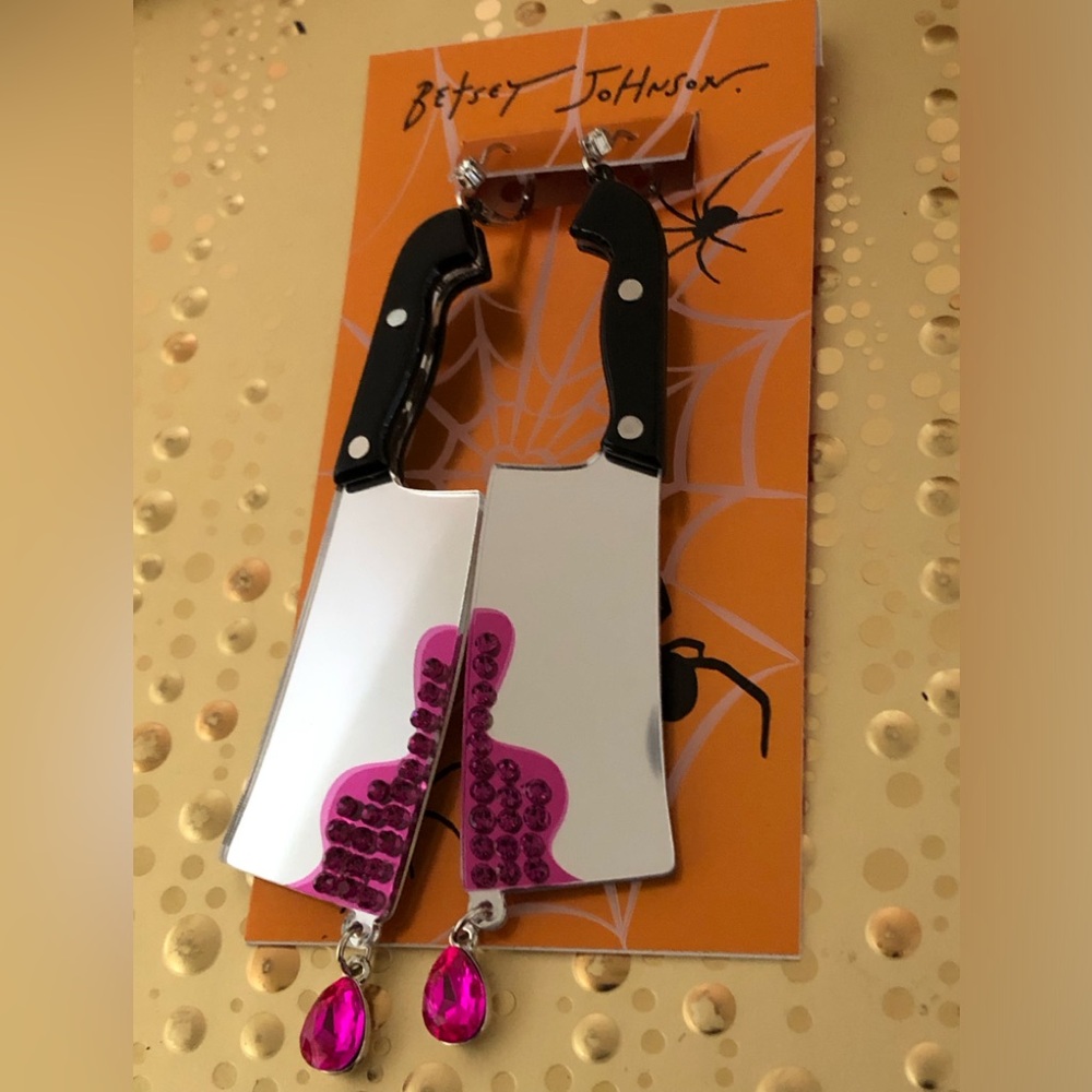 Authentic Betsey Johnson Earrings - Halloween Cleaver, Dangle Rhinestone NWT